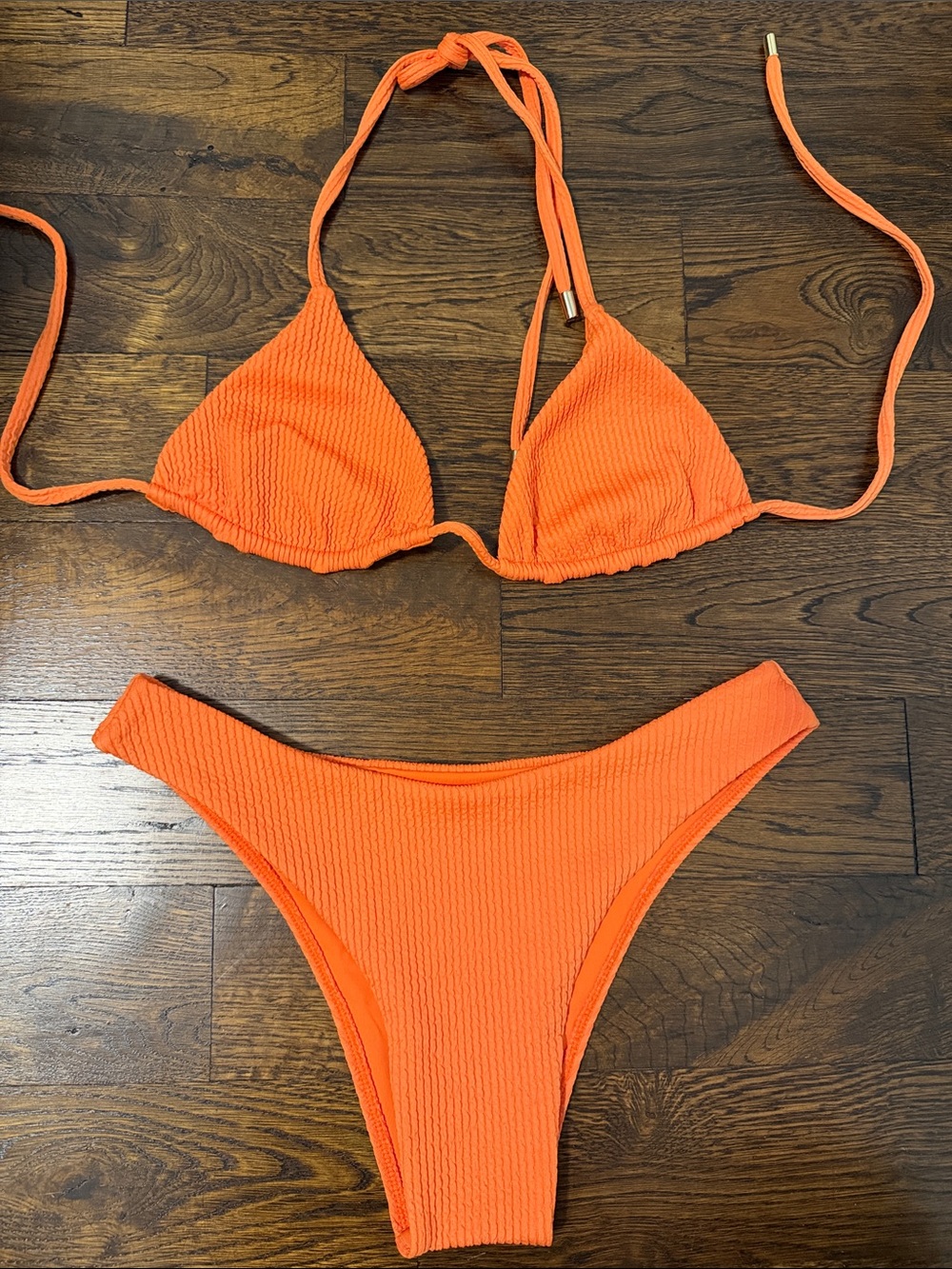 Monday Swimwear Orange Ribbed Triangle Bikini Set - Women's Swim